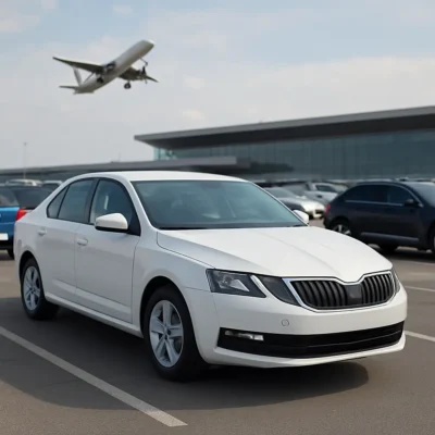 Standard car parked at Arlanda Airport outdoor long-term parking lot with terminal and airplane in background