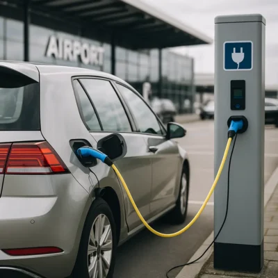 Electric car charging at EV station outside Arlanda Airport terminal